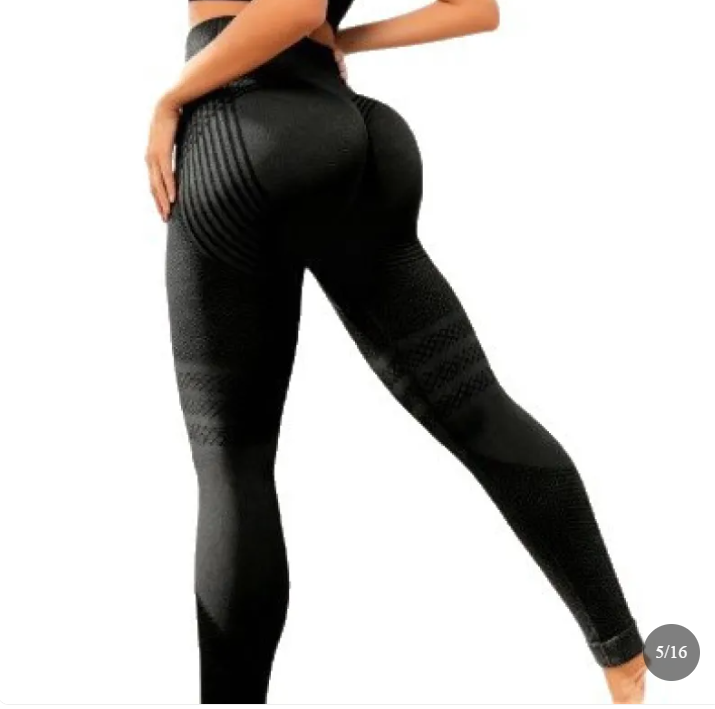 Black high-waist resistance leggings with ribbed sculpting seams, rear three-quarter view
